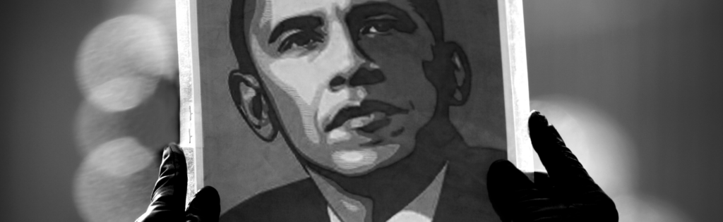 Imagem em preto e branco do ex-presidente americano, Barack Obama