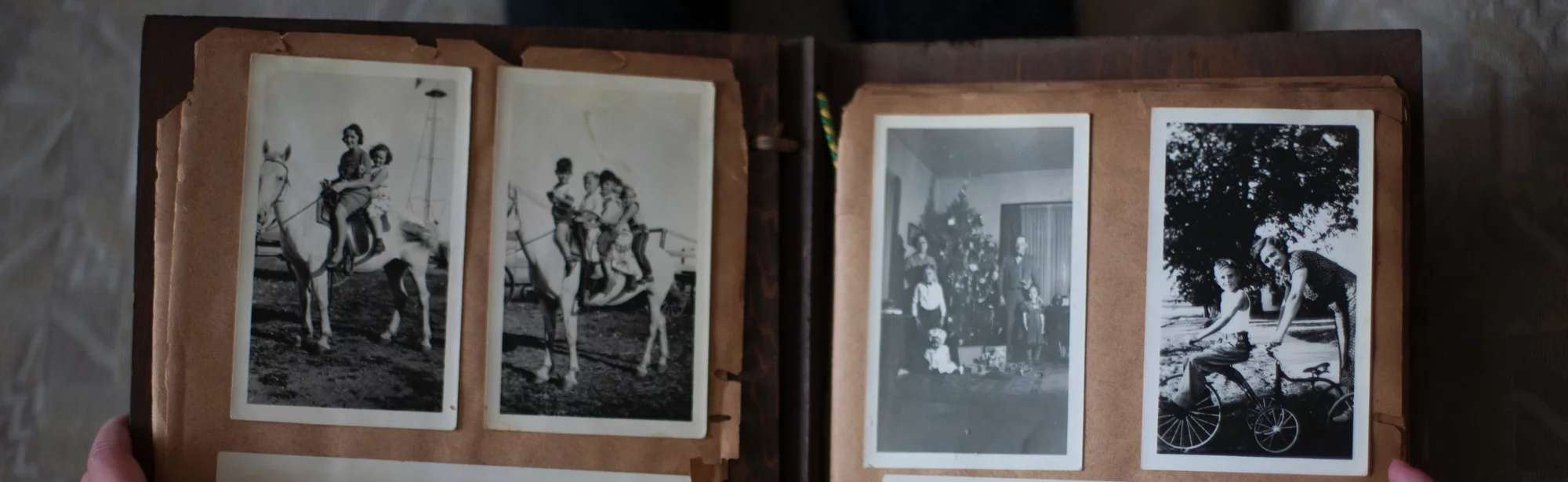 Álbum antigo, aberto com fotos de uma mulher e crianças a montar um cavalo branco. Foto em preto e branco de uma família ao redor de uma árvore de natal. Foto de uma mulher em uma bicicleta ao lado de um menino também em cima de uma bicicleta.